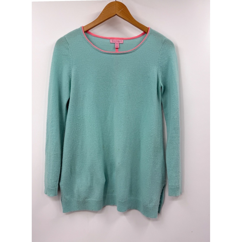 Lilly Pulitzer Serene Collins Teal‎ Cashmere Crew Neck Sweater XS Coral Trim